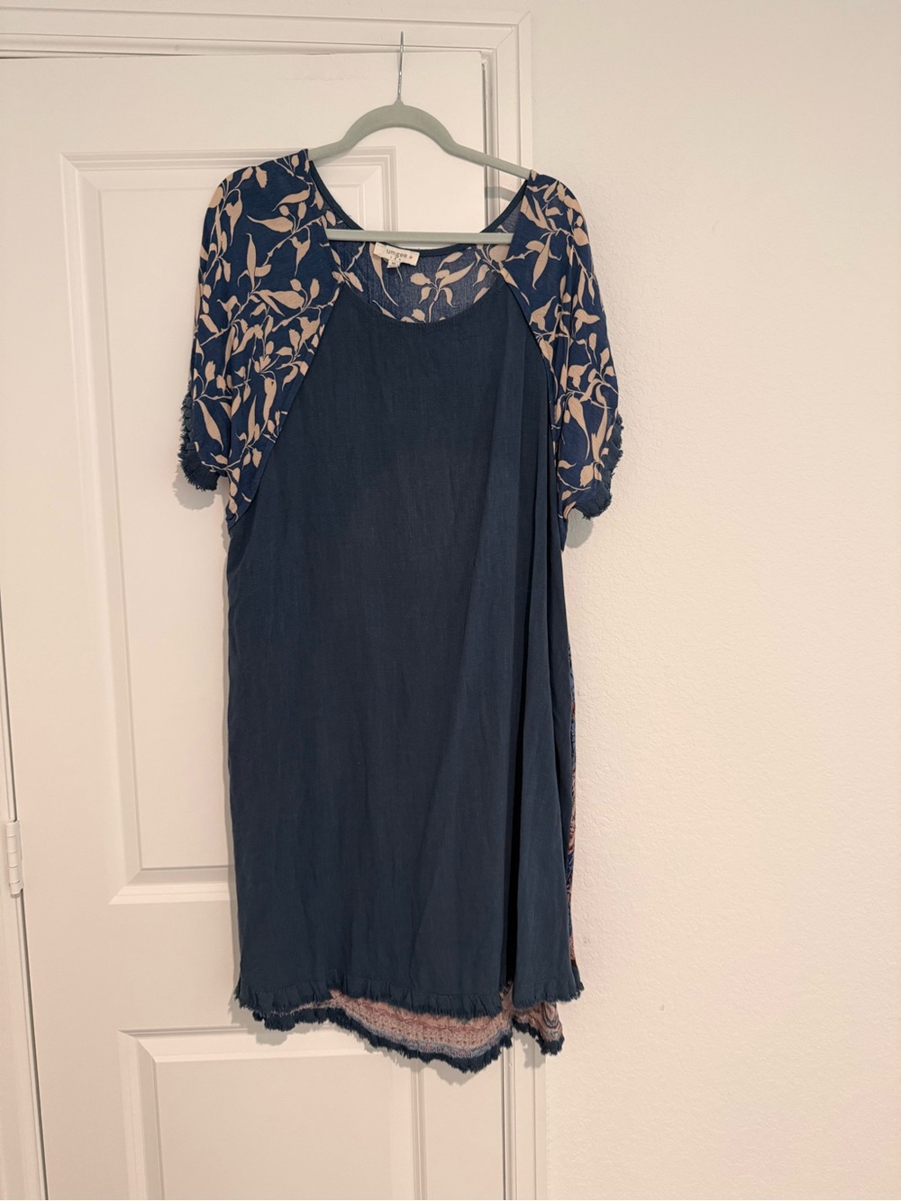 Umgee Navy Shift Dress with Cream Floral Raglan Sleeves